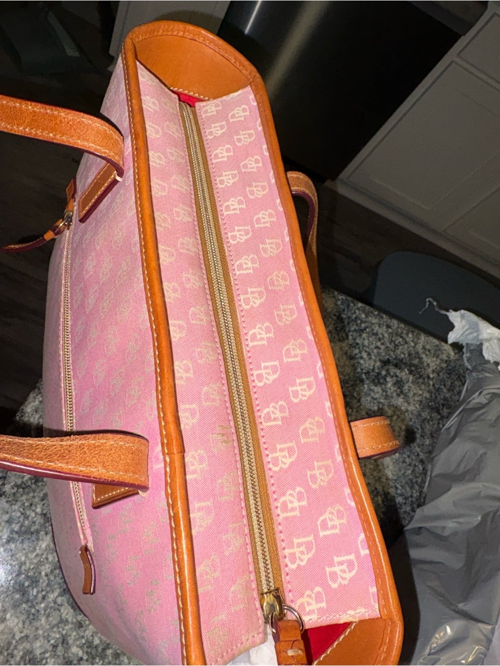 Dooney & Bourke Pink Canvas Tote with Tan Leather Trim - Picture 4 of 11